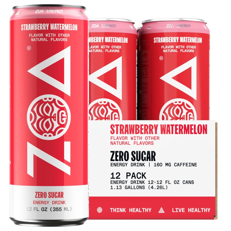 ZOA Zero Sugar Energy Drinks, Strawberry Watermelon - Sugar Free with Electrolytes, Healthy Vitamin C, Amino Acids, Essential B-Vitamins, and Caffeine from Green Tea - 12 Fl Oz (12-Pack) - Image 1